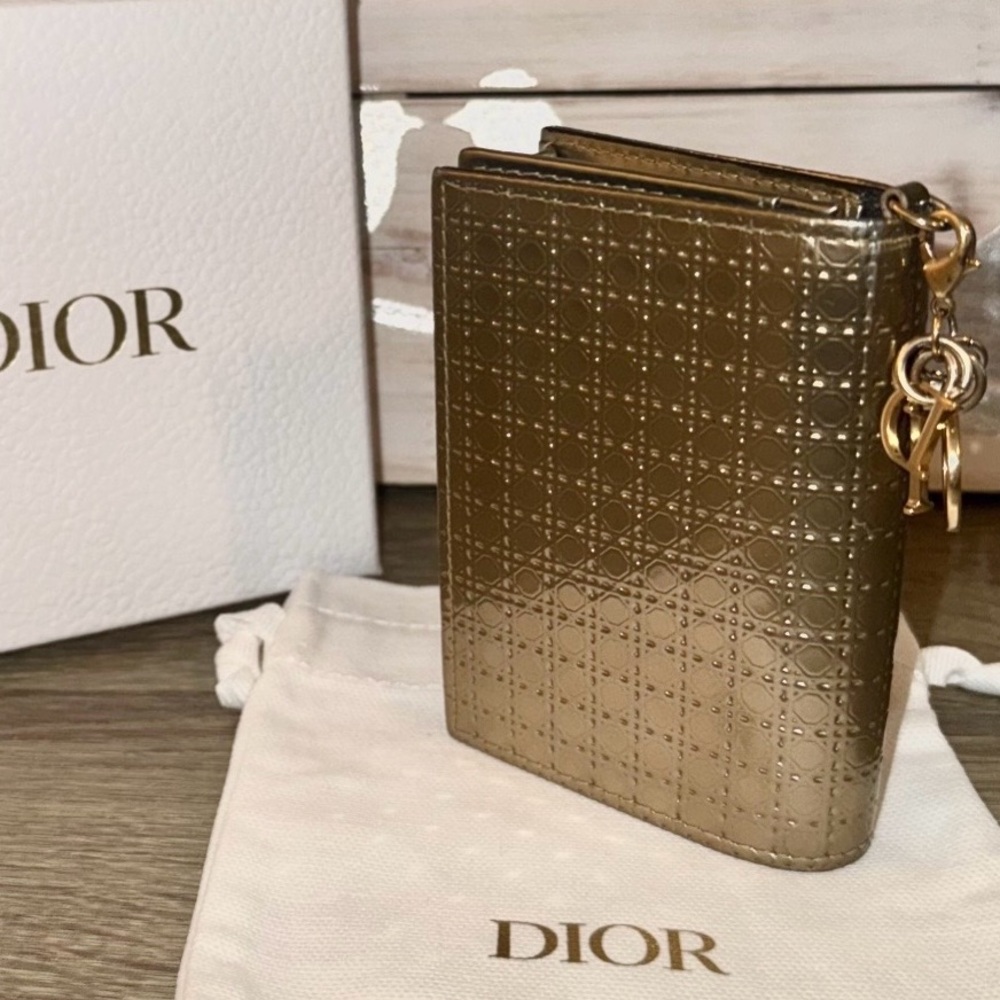 RARE Dior Gold Micro Cannage Lady Dior Patent Leather Card Holder w/Box & Dusty